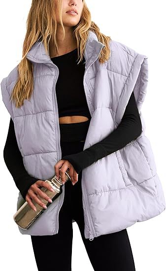 Oversized Padded Gilet Stand Collar Pockets - LTBlue