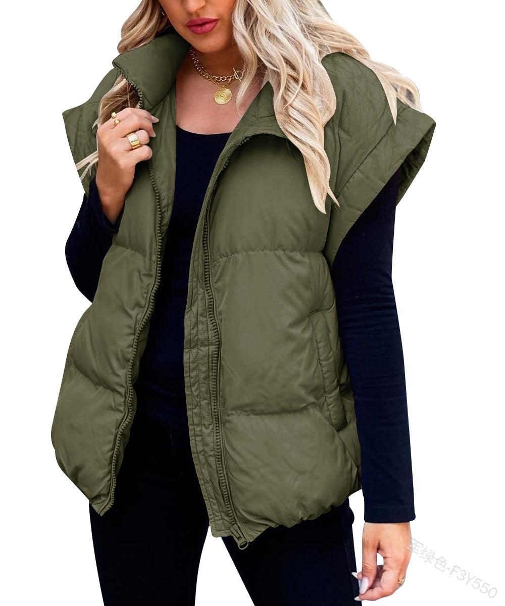 Oversized Padded Gilet Stand Collar Pockets - Olive