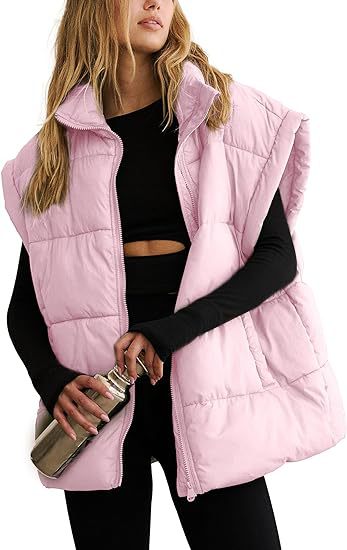 Oversized Padded Gilet Stand Collar Pockets - Pink