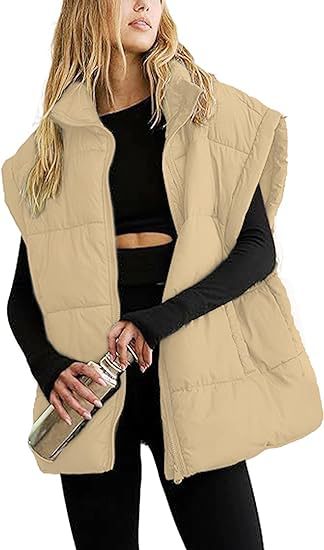 Oversized Padded Gilet Stand Collar Pockets - Sand
