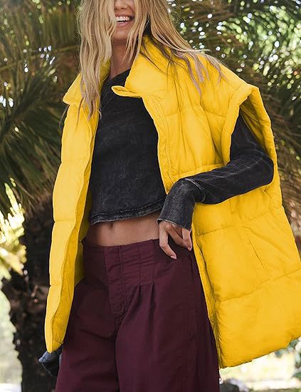 Oversized Padded Gilet Stand Collar Pockets - Yellow