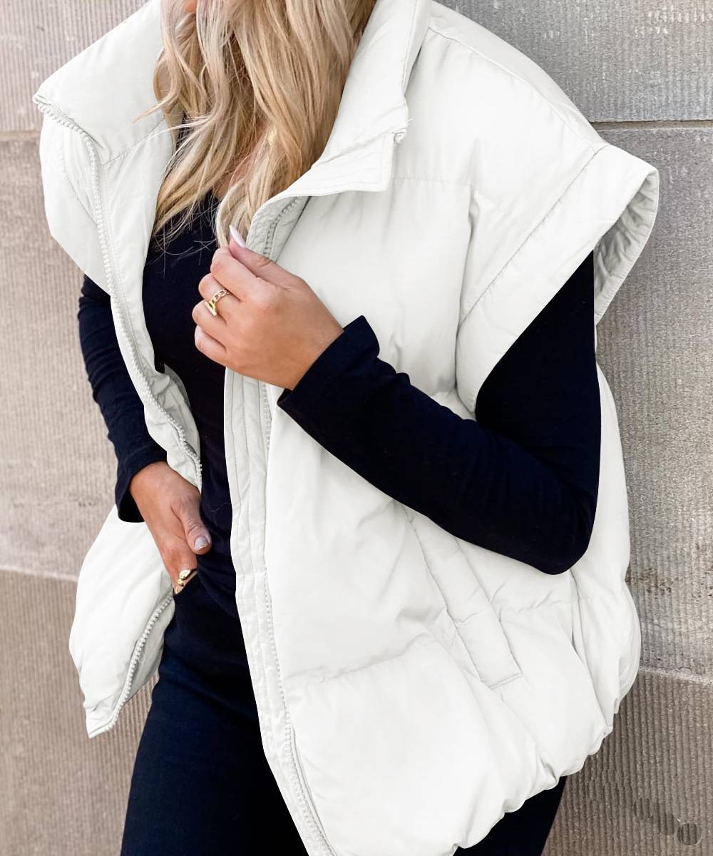 Oversized Padded Gilet Stand Collar Pockets - white