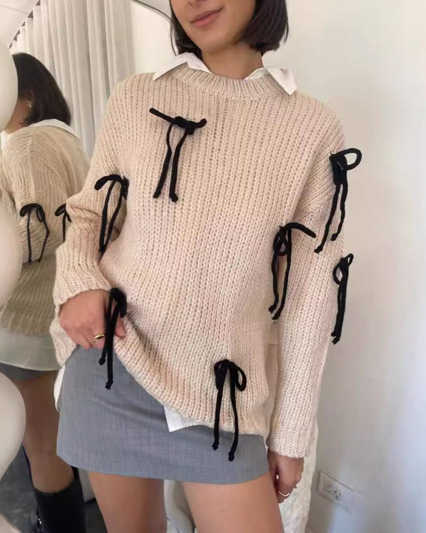 Bow Trim Crew Neck Knit Sweater - Off-White
