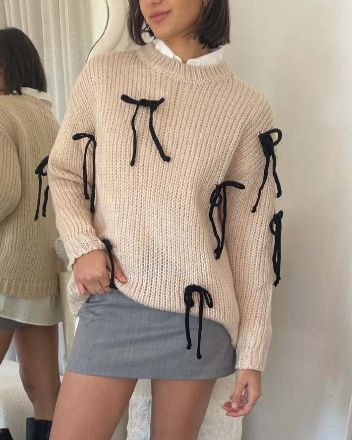Bow Trim Crew Neck Knit Sweater - Off-White - 1