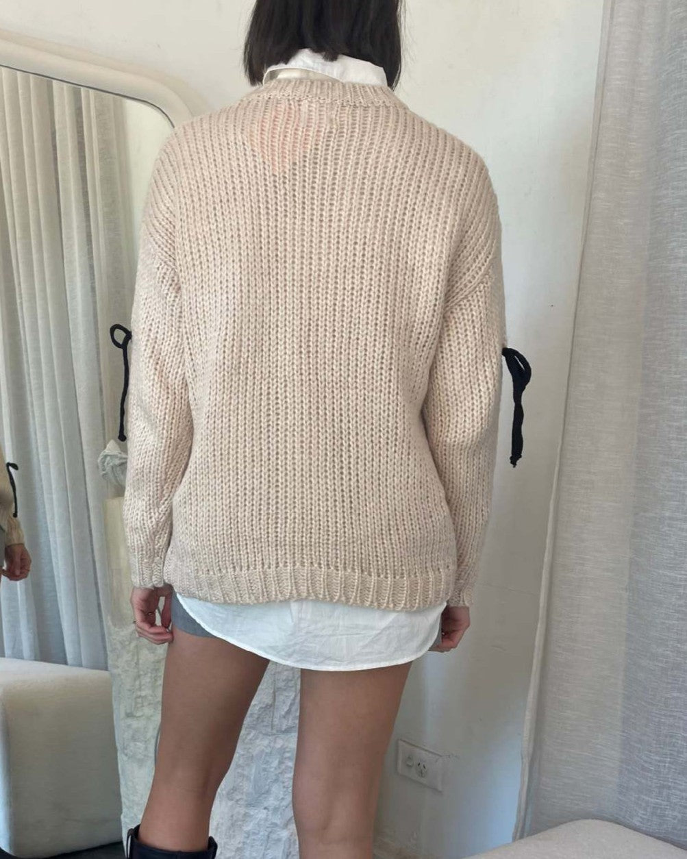 Bow Trim Crew Neck Knit Sweater - Off-White - 2