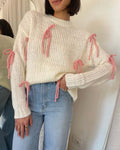 Bow Trim Crew Neck Knit Sweater - White