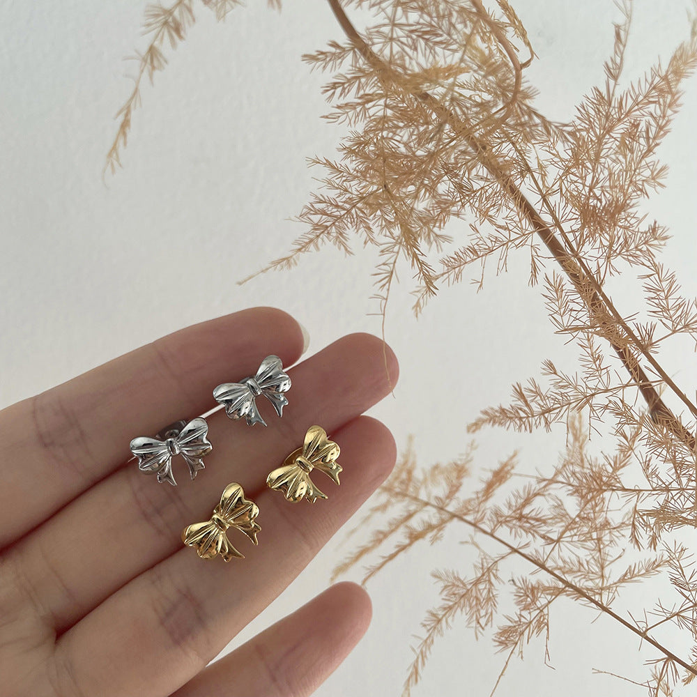 Petite Sculpted Bow Stud Earrings - Silvery - 1