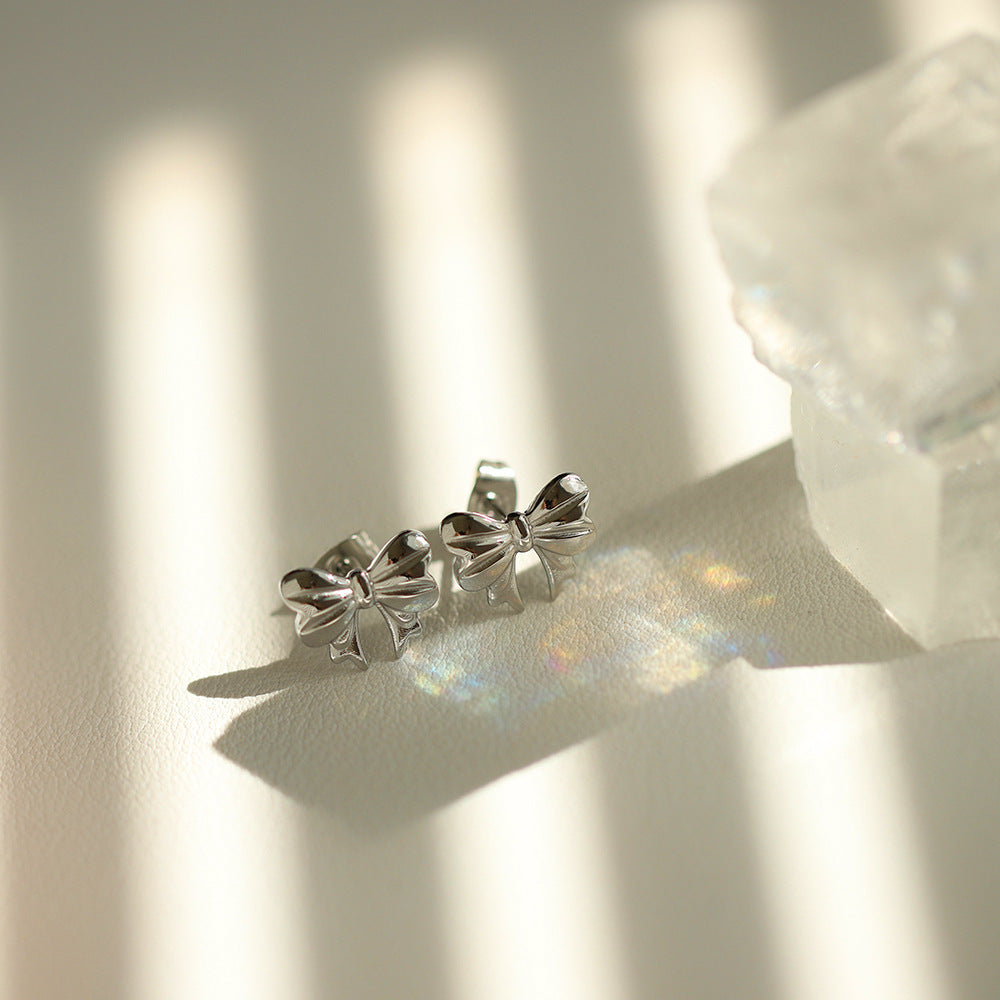 Petite Sculpted Bow Stud Earrings - Silvery - 2