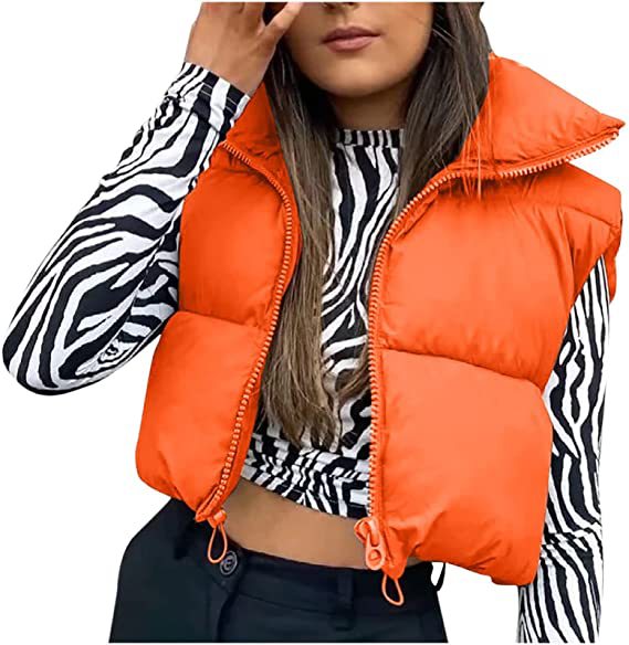 Zip Front Cropped Puffer Vest With Drawcord Hem - Orange