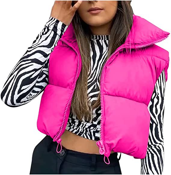 Zip Front Cropped Puffer Vest With Drawcord Hem - Rose_red