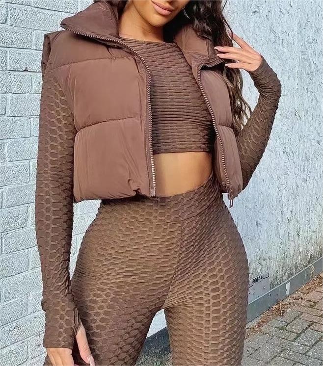 Zip Front Cropped Puffer Vest With Drawcord Hem - brown