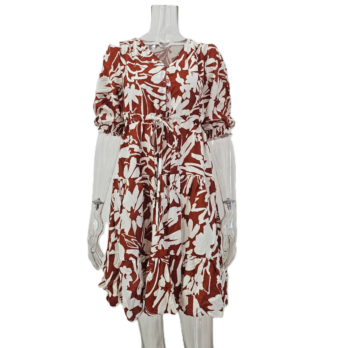 Floral Puff Sleeve Ruffle Hem Dress - Orange