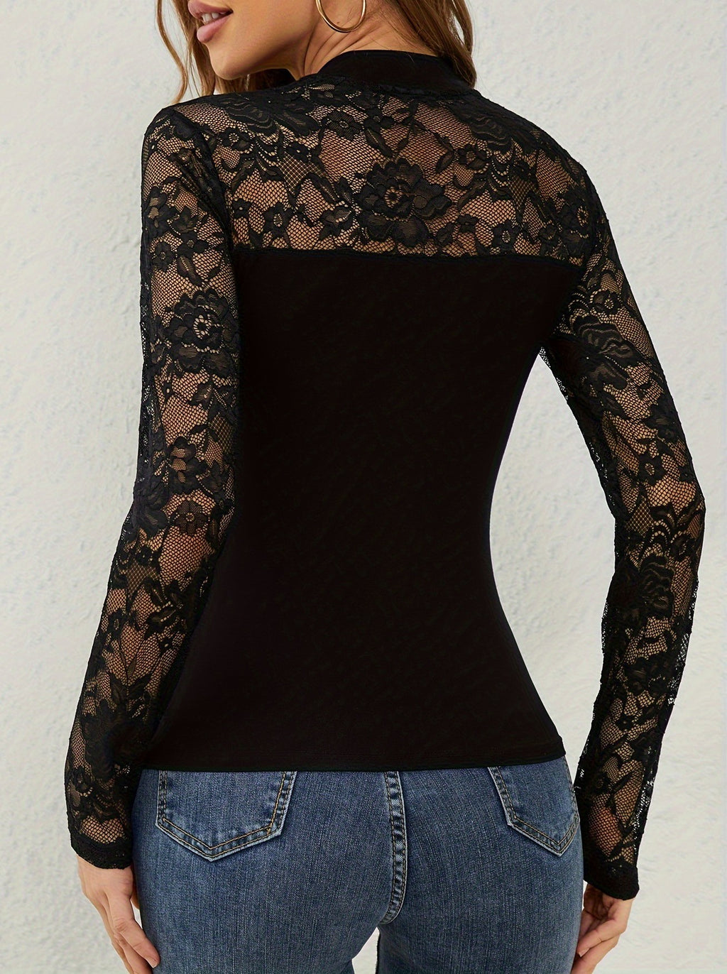 Scalloped Lace Illusion Neckline Fitted Top - Black - 1