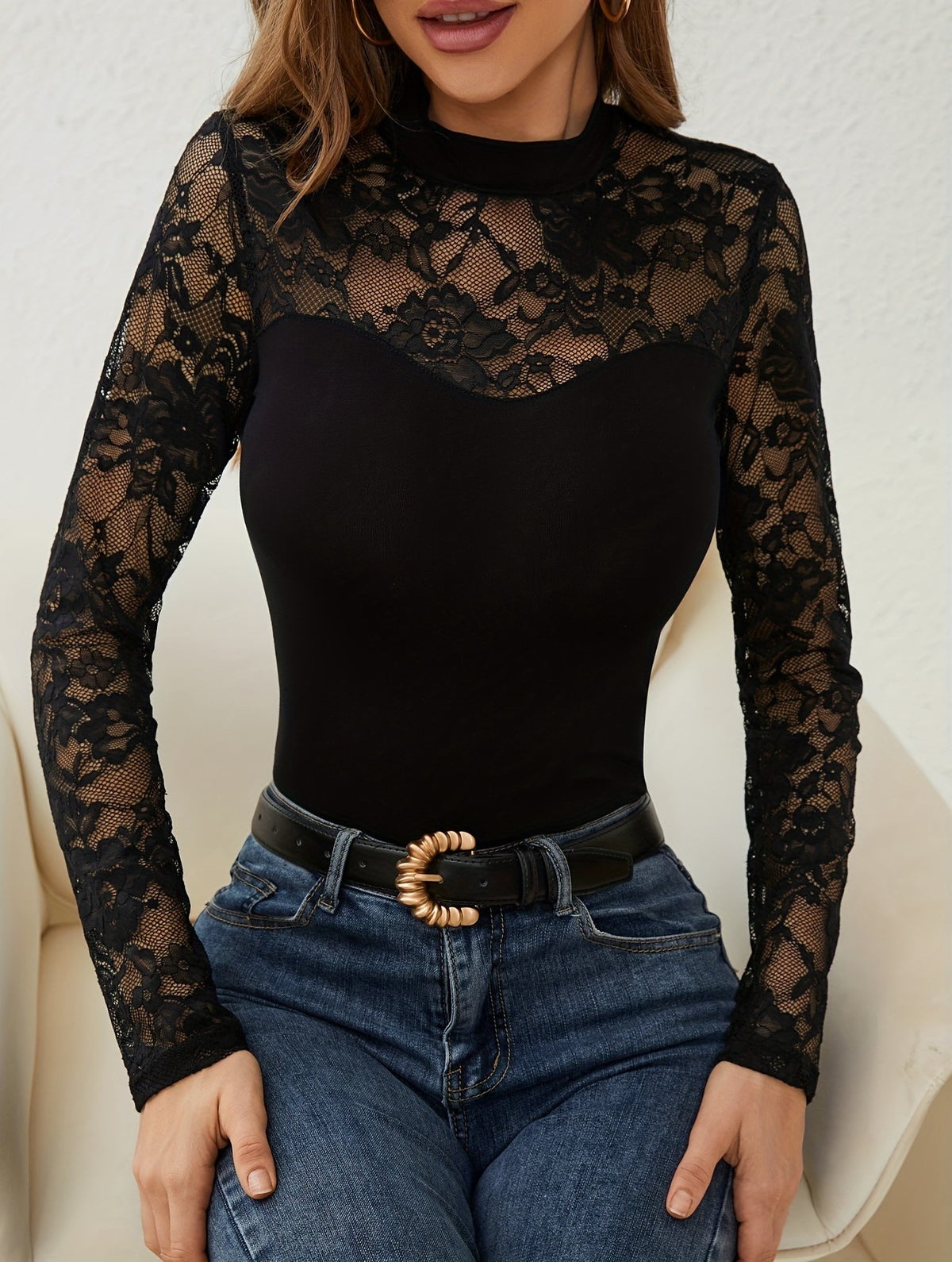 Scalloped Lace Illusion Neckline Fitted Top - Black - 4