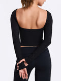 Ribbed Open Back Long Sleeve Crop Top - Black