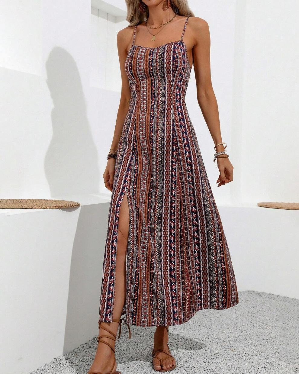 Boho Stripe Slit Cami Maxi Dress - Green