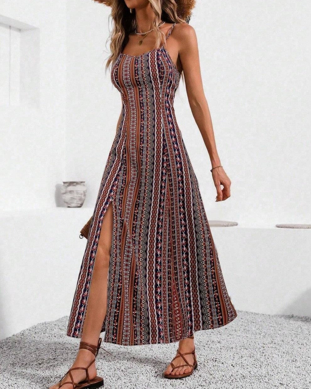 Boho Stripe Slit Cami Maxi Dress - Red
