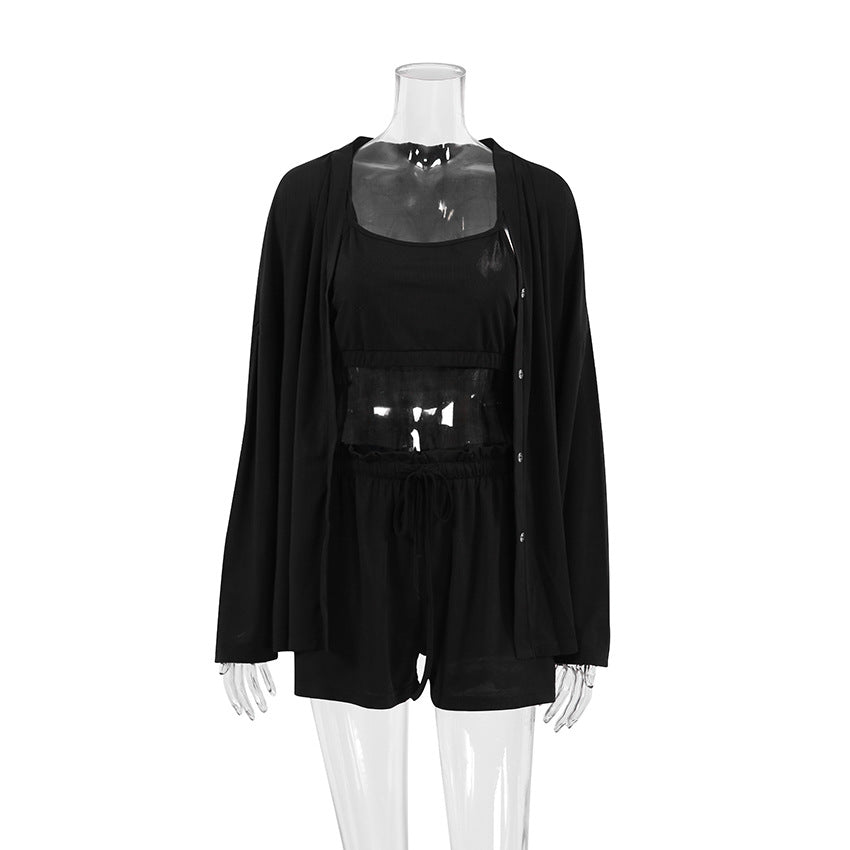 Ribbed Cami Shorts and Robe Pajama Set - Black