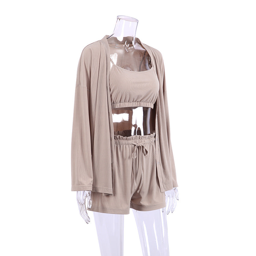 Ribbed Cami Shorts and Robe Pajama Set - Brown