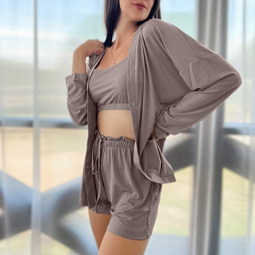 Ribbed Cami Shorts and Robe Pajama Set - Brown - 6