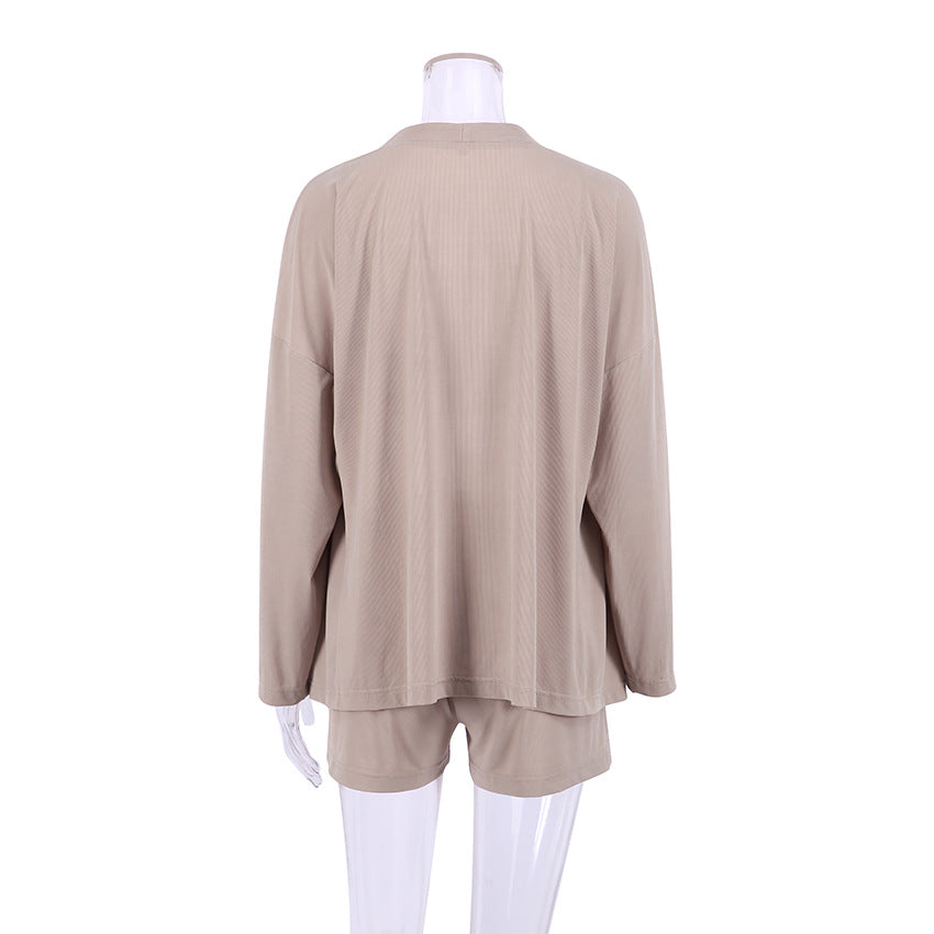 Ribbed Cami Shorts and Robe Pajama Set - Brown - 9