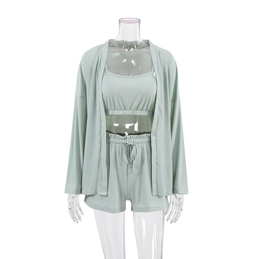 Ribbed Cami Shorts and Robe Pajama Set - Green