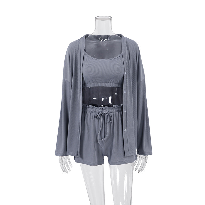Ribbed Cami Shorts and Robe Pajama Set - Grey