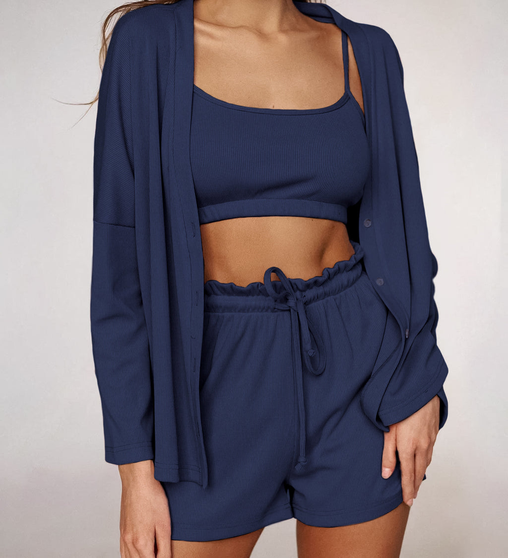 Ribbed Cami Shorts and Robe Pajama Set - Navyblue
