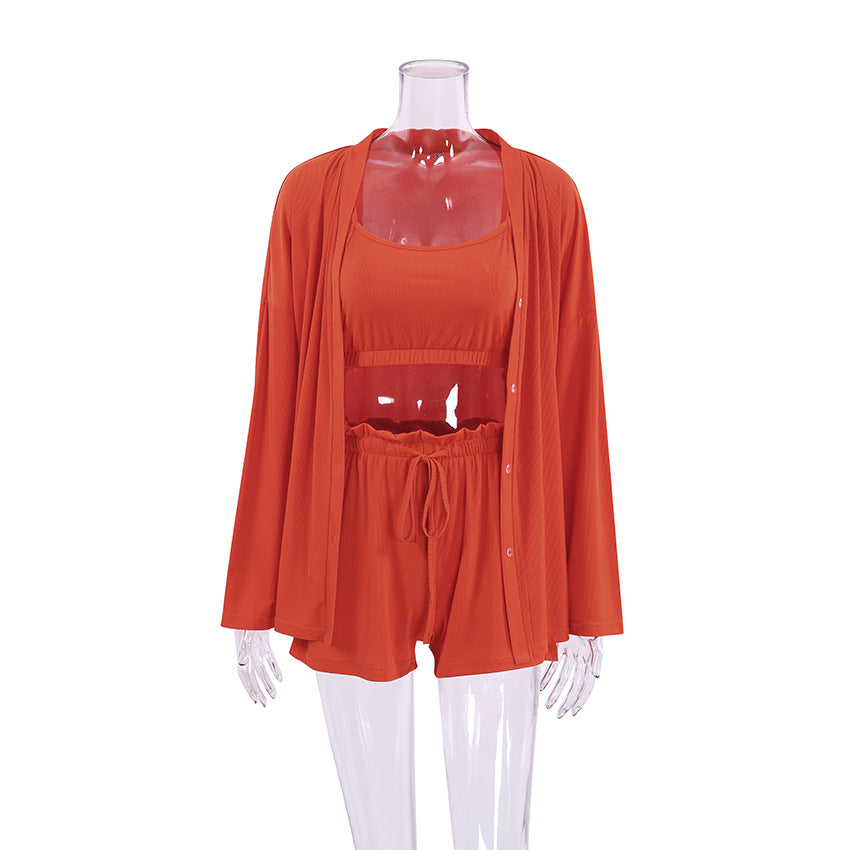 Ribbed Cami Shorts and Robe Pajama Set - Orange