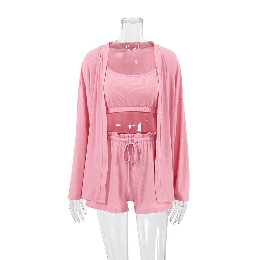 Ribbed Cami Shorts and Robe Pajama Set - Pink