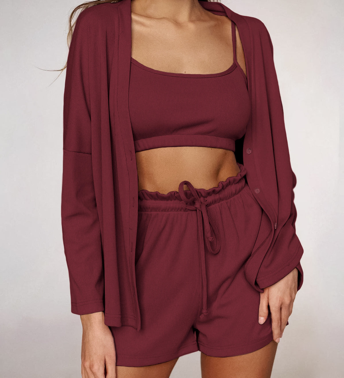 Ribbed Cami Shorts and Robe Pajama Set - Winered