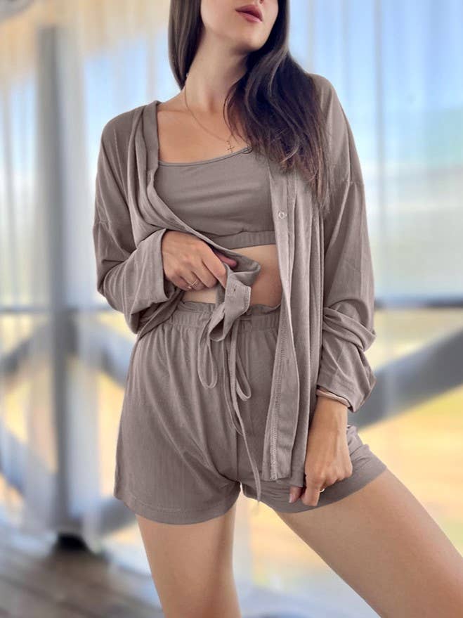 Ribbed Cami Shorts and Robe Pajama Set