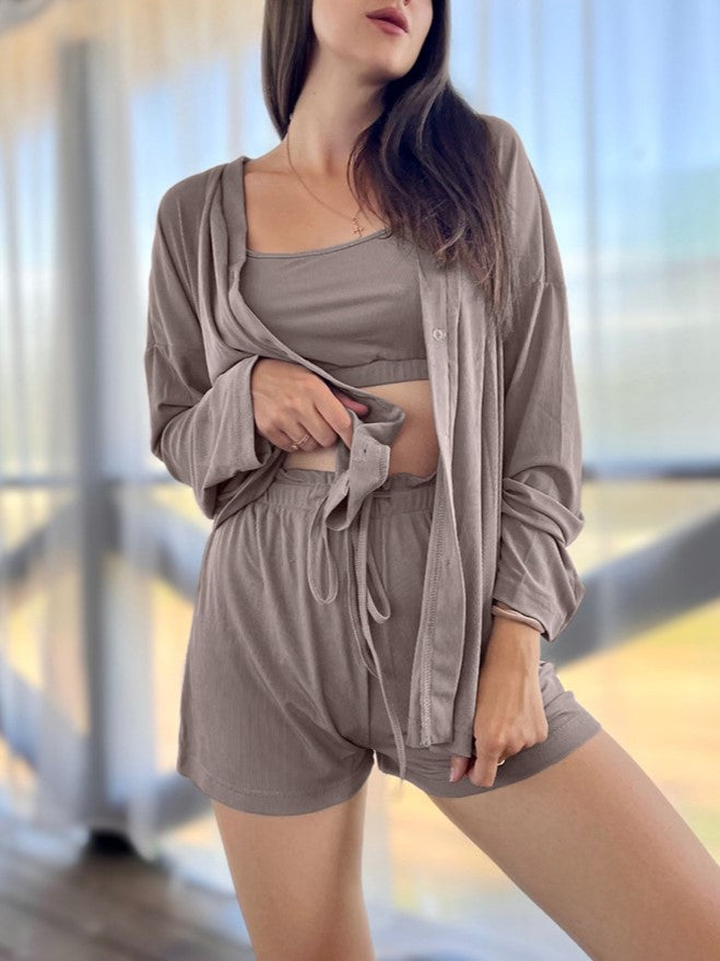 Ribbed Cami Shorts and Robe Pajama Set - view 1
