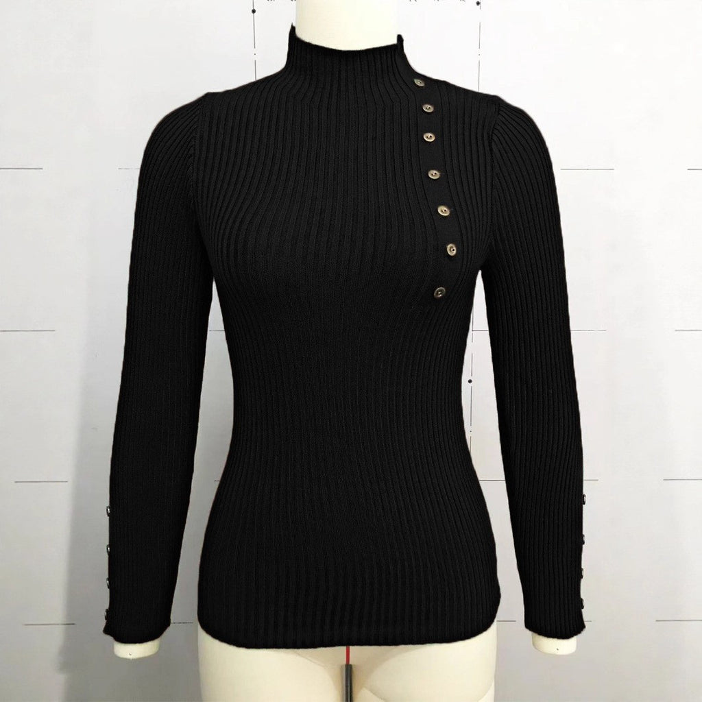 Ribbed Mock Neck Top With Button Trim - Black