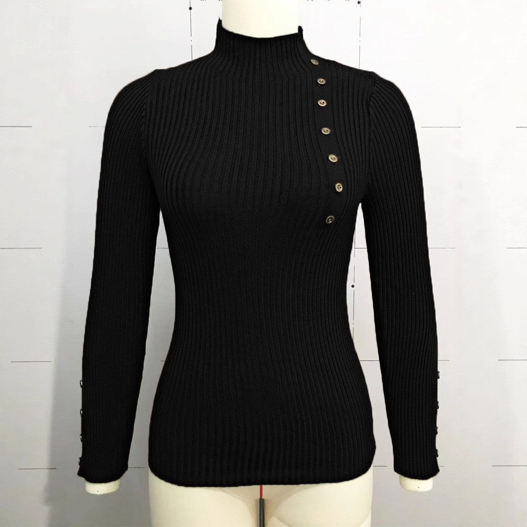 Ribbed Mock Neck Top With Button Trim - Black