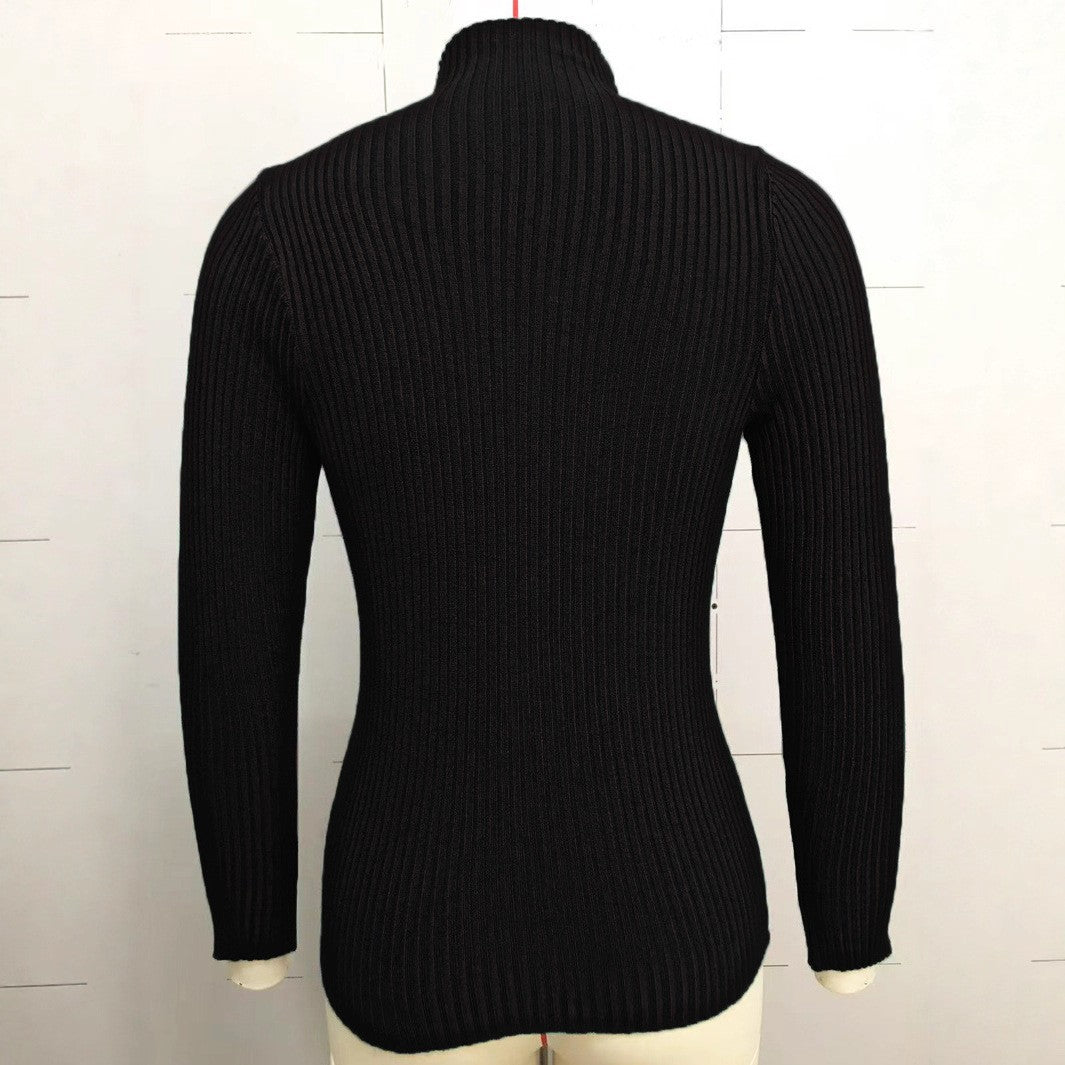 Ribbed Mock Neck Top With Button Trim - Black - 1