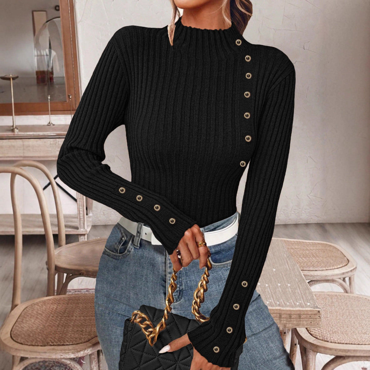 Ribbed Mock Neck Top With Button Trim - Black - 2