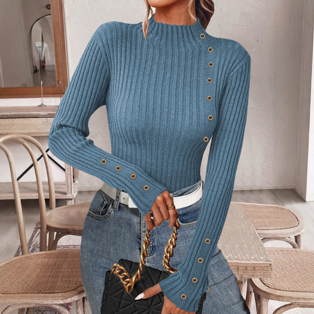 Ribbed Mock Neck Top With Button Trim - Blue