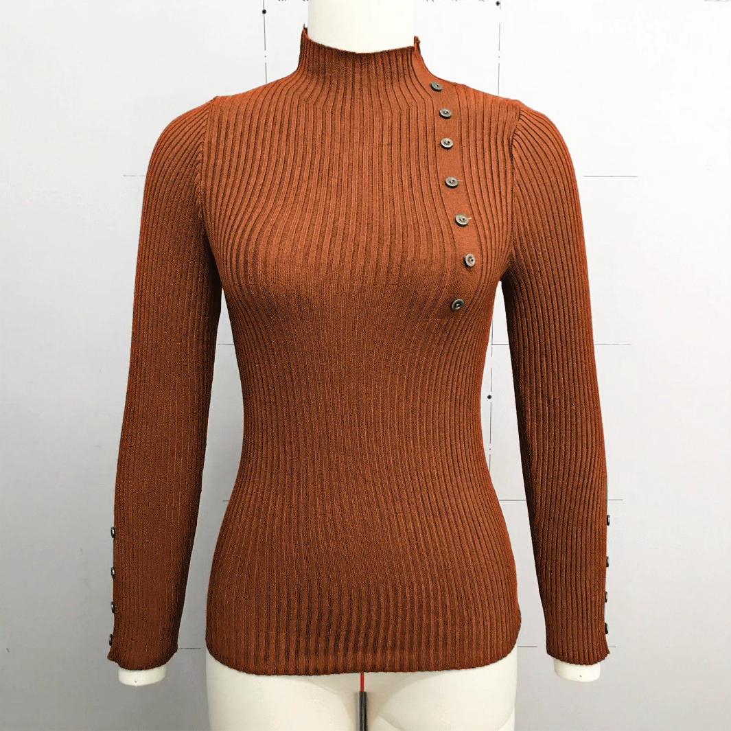 Ribbed Mock Neck Top With Button Trim - Caramel