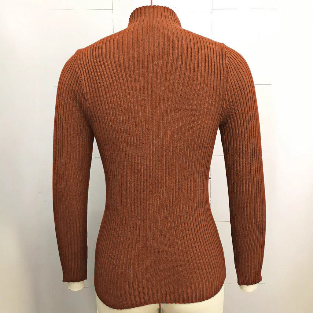 Ribbed Mock Neck Top With Button Trim - Caramel - 1