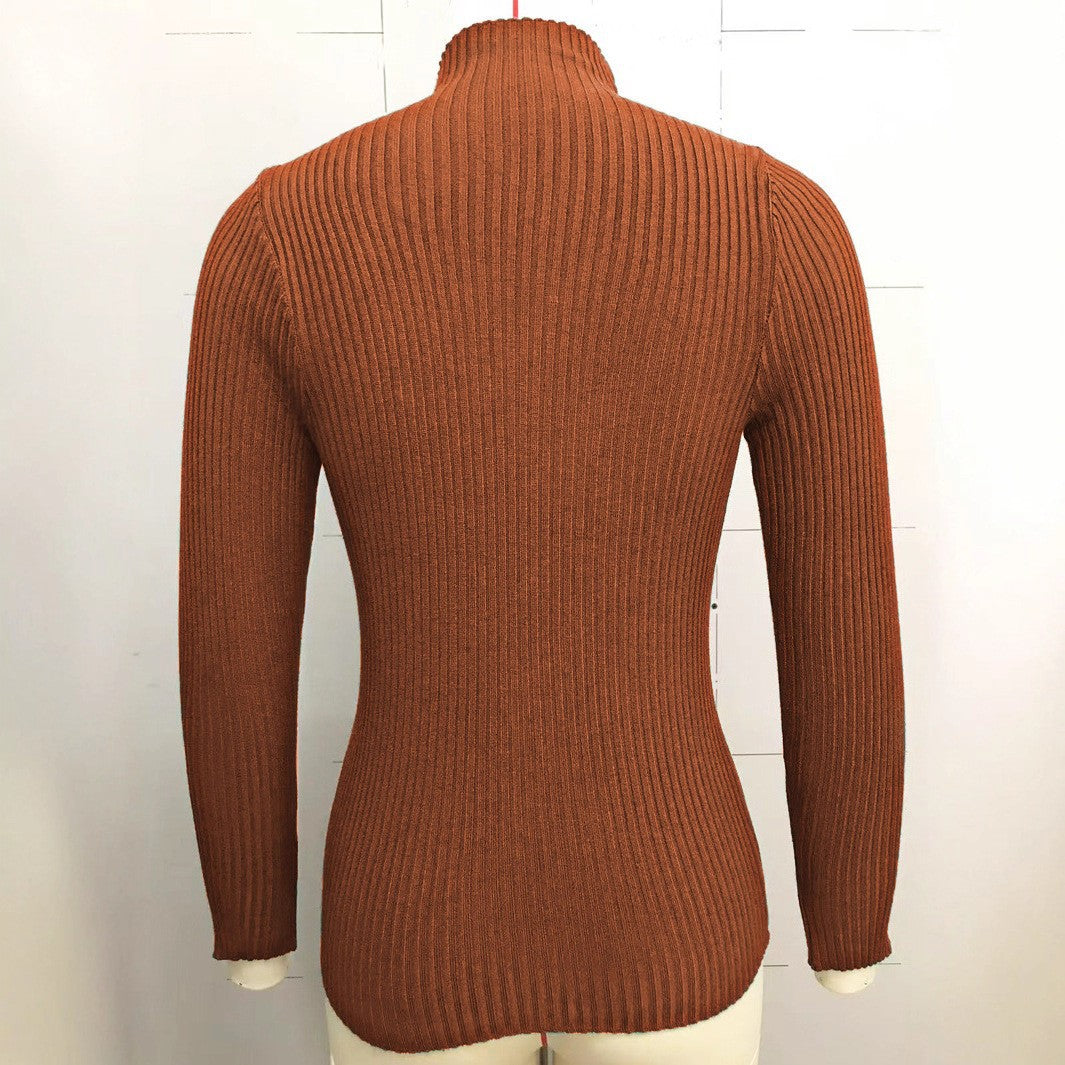 Ribbed Mock Neck Top With Button Trim - Caramel - 1