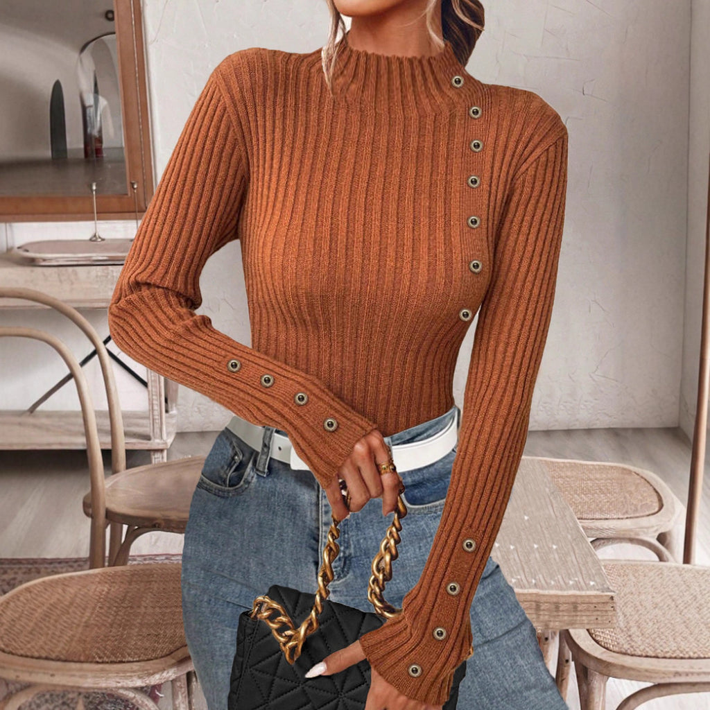 Ribbed Mock Neck Top With Button Trim - Caramel - 2