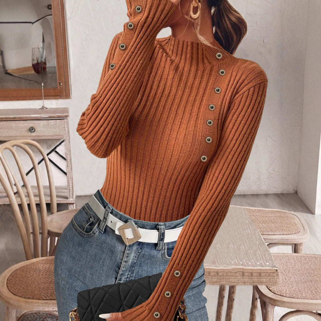Ribbed Mock Neck Top With Button Trim - Caramel - 3