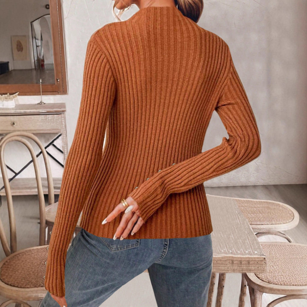 Ribbed Mock Neck Top With Button Trim - Caramel - 4