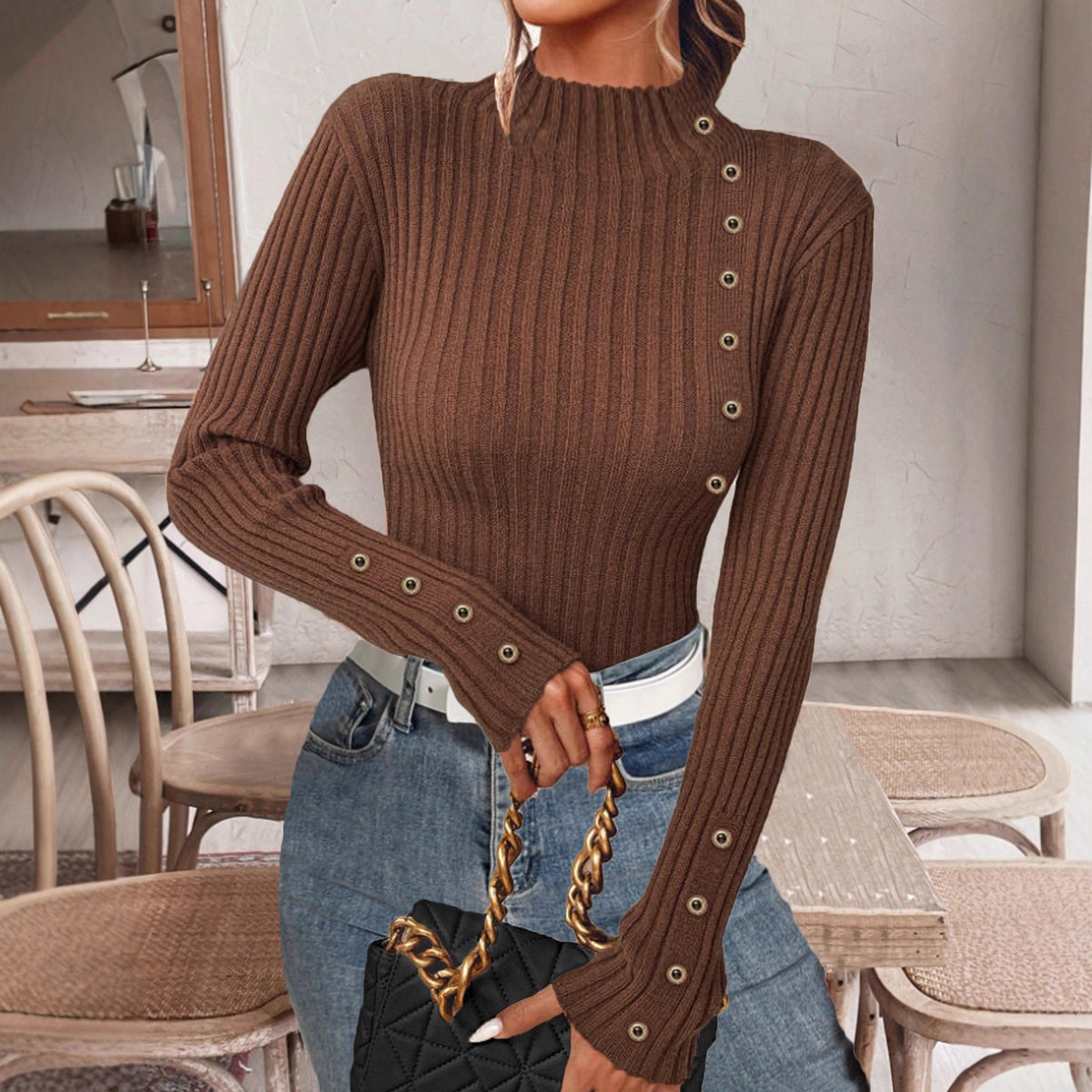 Ribbed Mock Neck Top With Button Trim - Coffee