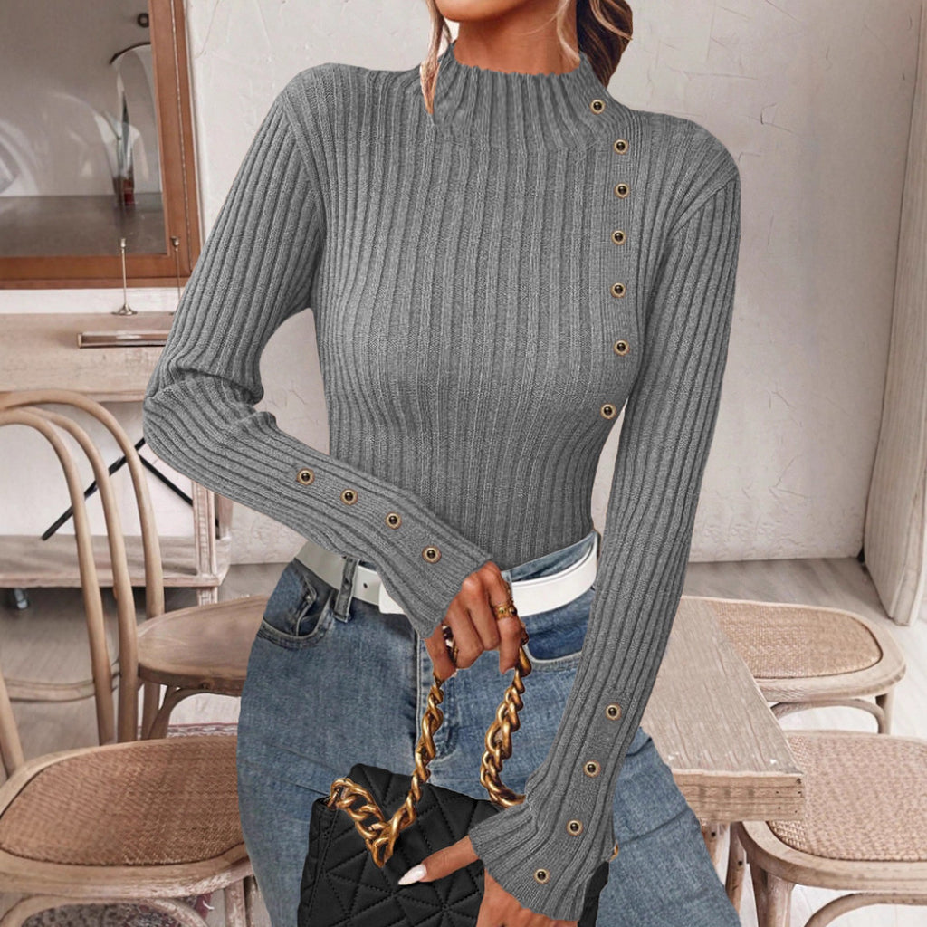 Ribbed Mock Neck Top With Button Trim - Grey