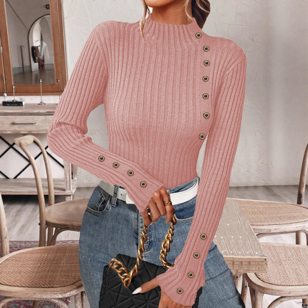 Ribbed Mock Neck Top With Button Trim - Pink