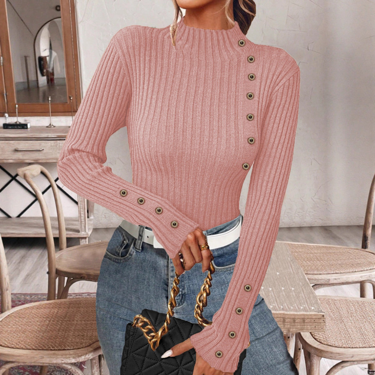 Ribbed Mock Neck Top With Button Trim - Pink