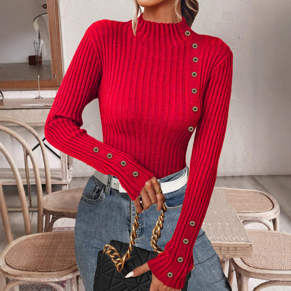 Ribbed Mock Neck Top With Button Trim - Red