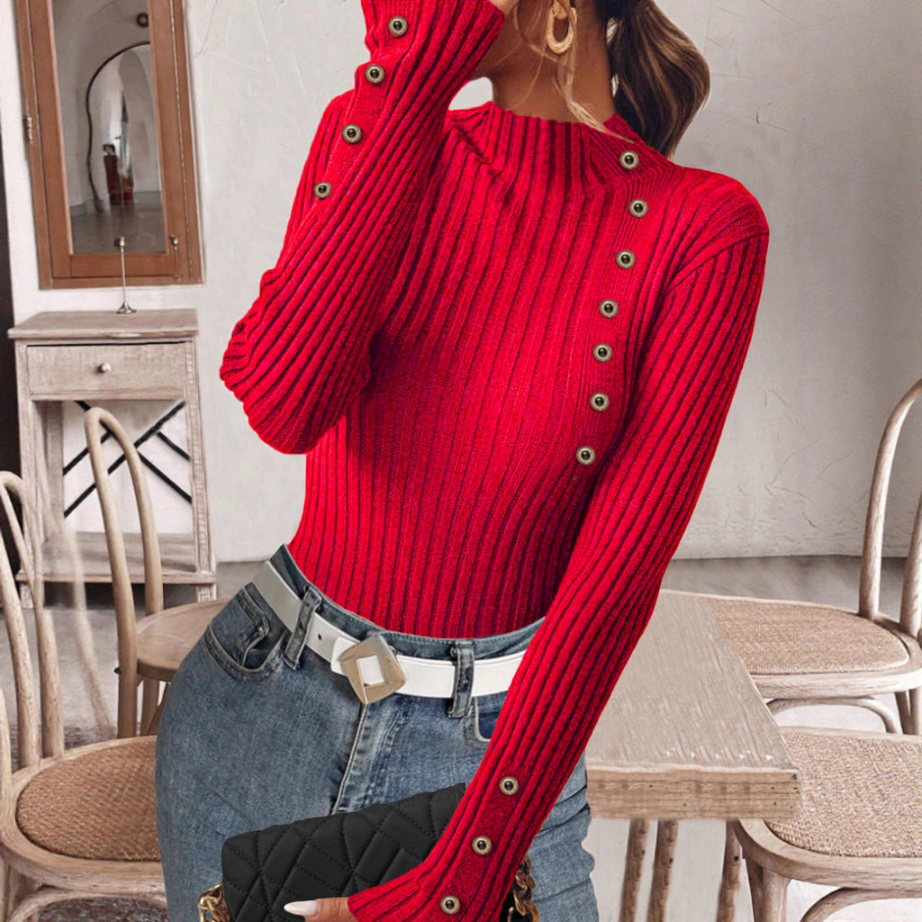 Ribbed Mock Neck Top With Button Trim - Red - 1